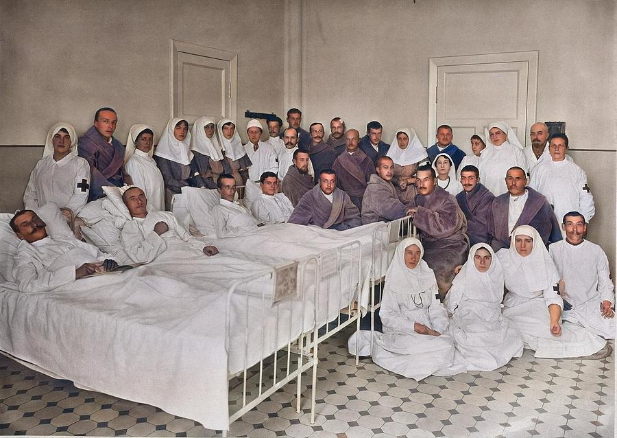 Russian Emperial Hospital staff with patients 1880s 2 colorized by Ahmet Asar Painting by Celestial Images