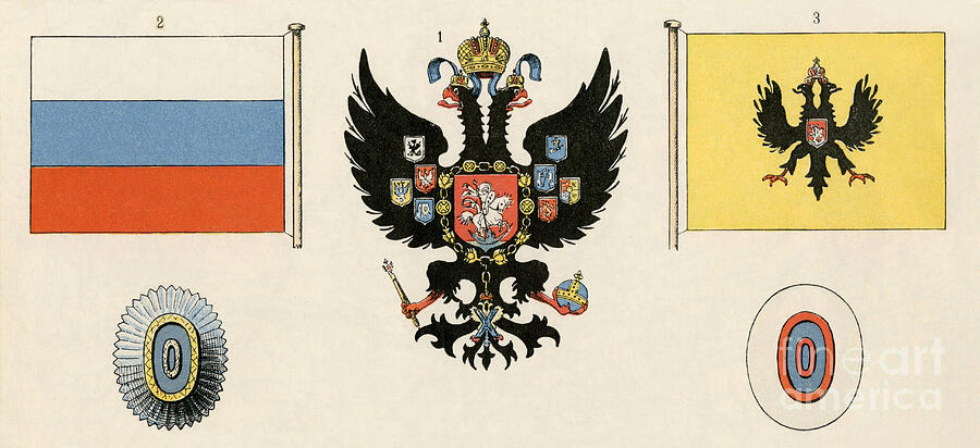 Russian Flag (right) And Coat Of Arms (centre) Under Nicholas II Of Russia (1868-1918) Around 1900 Lithography Drawing by American School