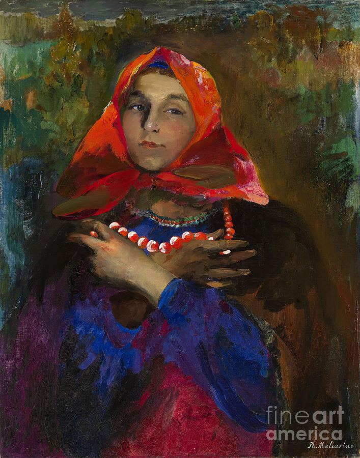 Russian Maiden In A Red Headscarf Drawing by Heritage Images