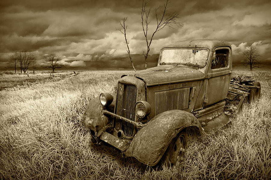 Rusted Vintage Truck in a Grassy Rural Field Landscape in Sepia Tone Photograph by Randall Nyhof
