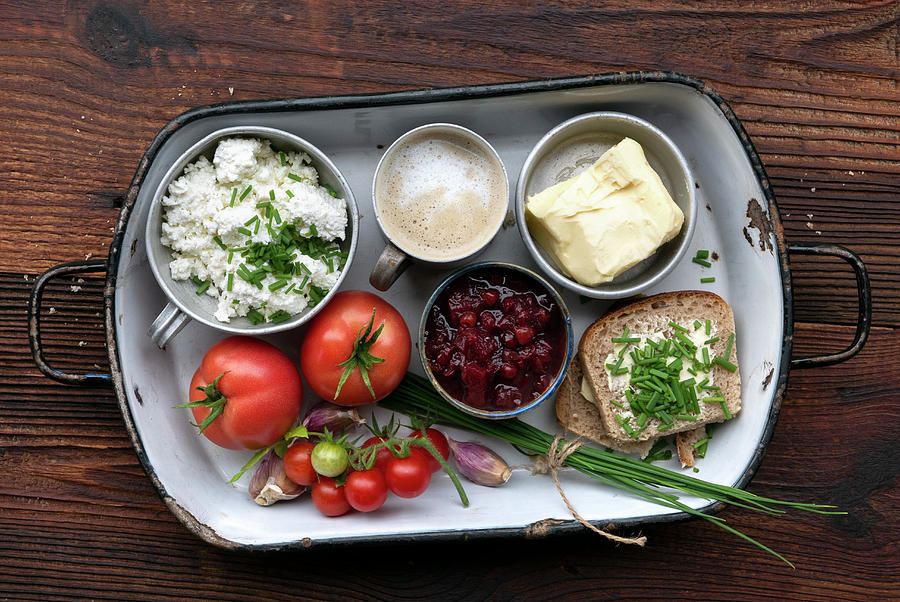Rustic Breakfast Made From Organic Ingredients With Coffee, Butter, Bread, Cream Cheese And Tomatoes Photograph by Magdalena & Krzysztof Duklas