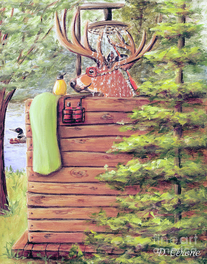 Rustic Cabin Bathroom Decor - Deer In The Shower Painting by Debbie Cerone