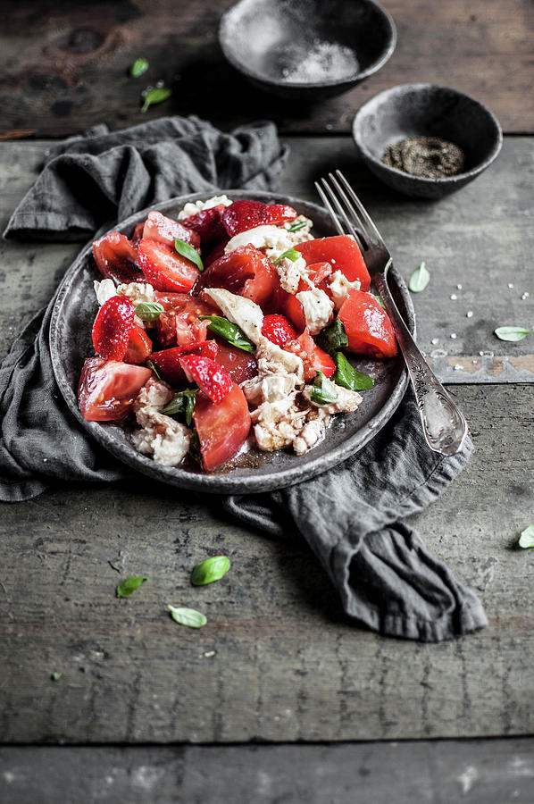 Rustic Caprese Salad Made With Tomatoes, Mozzarella Cheese, Strawberries, Fresh Basil, Olive Oil And Balsamic Vinegar Photograph by Kachel Katarzyna