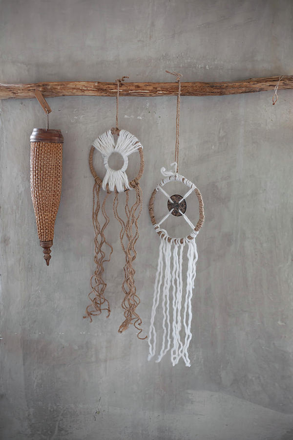 Rustic Dreamcatchers Hung From Branch On Grey Wall Photograph by Alicja Koll
