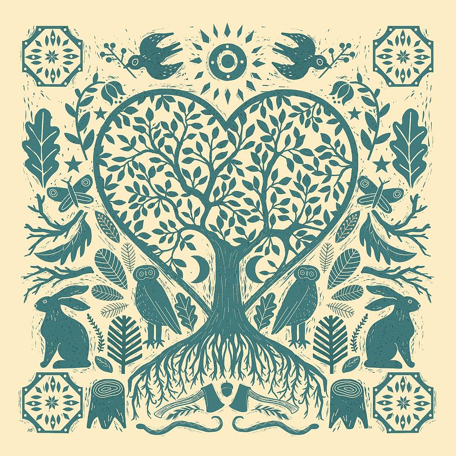 Owl Painting - Rustic Early American Tree Of Life Woodcut by Little Bunny Sunshine