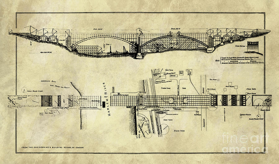 Rustic George Washington Bridge Blueprint Industrial Farmhouse Drawing by Tina Lavoie