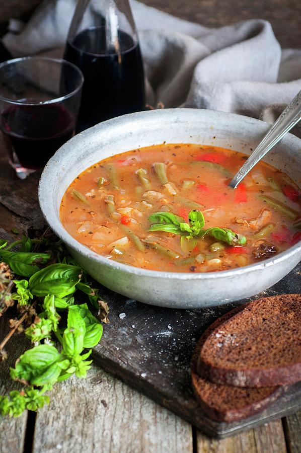 Rustic Minestrone Soup With Tomatoes, Green Beans And Basil Photograph by Irina Meliukh
