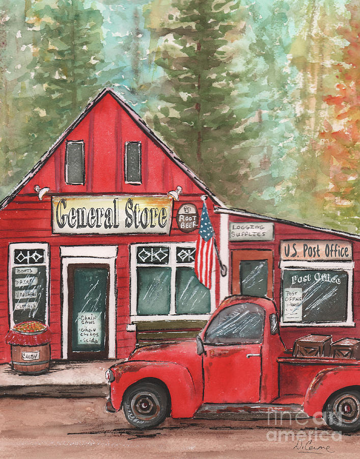 Rustic Red Pickup Truck In Front Of General Store Painting by Debbie Cerone