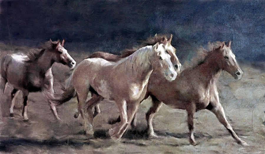 Horse Painting - Rustic Running Horse Herd by Katrina Jones