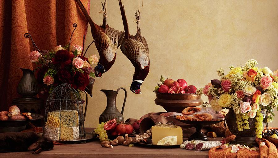 Rustic Still Life With Pheasant, Rabbit, Cheese, Fruit And Flowers Photograph by Thomas, Edward