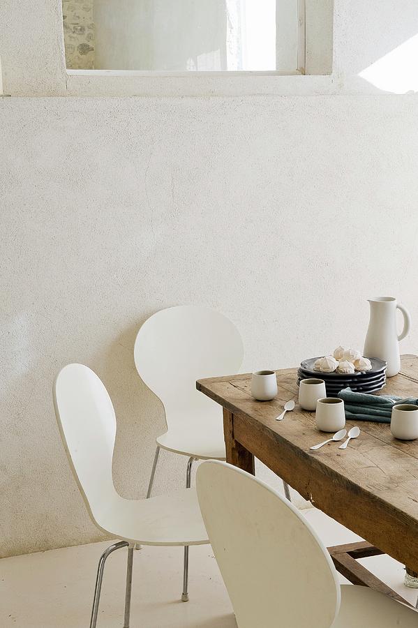 Rustic Wooden Table In White, Modern Kitchen Photograph by Frederic Vasseur