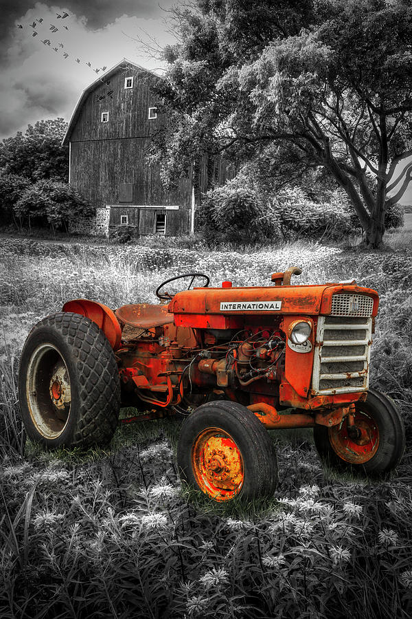 Rusty Old Tractor Black and White with Color Selected Red Photograph by Debra and Dave Vanderlaan