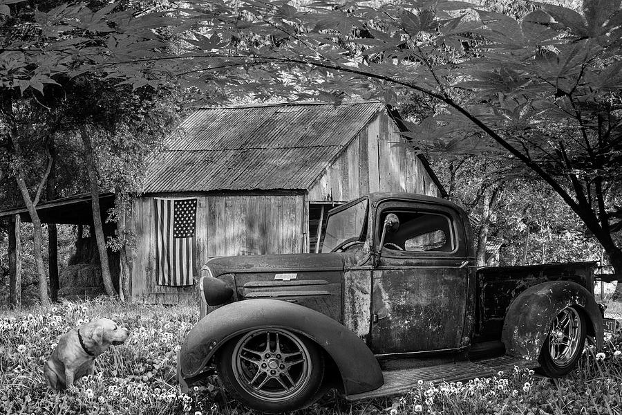 Rusty Old Truck on the Farm in Black and White Photograph by Debra and Dave Vanderlaan