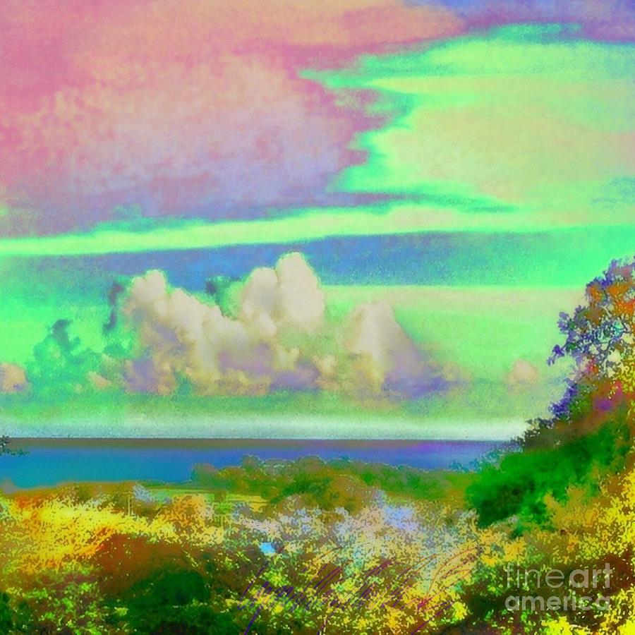 S Green and Pink Streaked Sky Over Sea - Square Painting by Lyn Voytershark