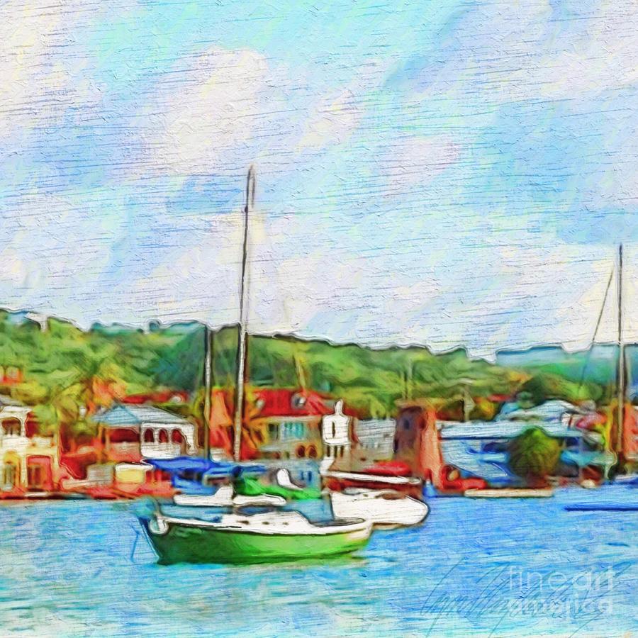 S Green Sailboat on Mooring - Square Painting by Lyn Voytershark