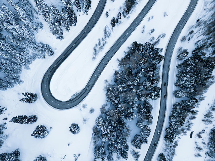 S-shape Road And Snowy Woods From Above, Maloja Pass, Switzerland ...