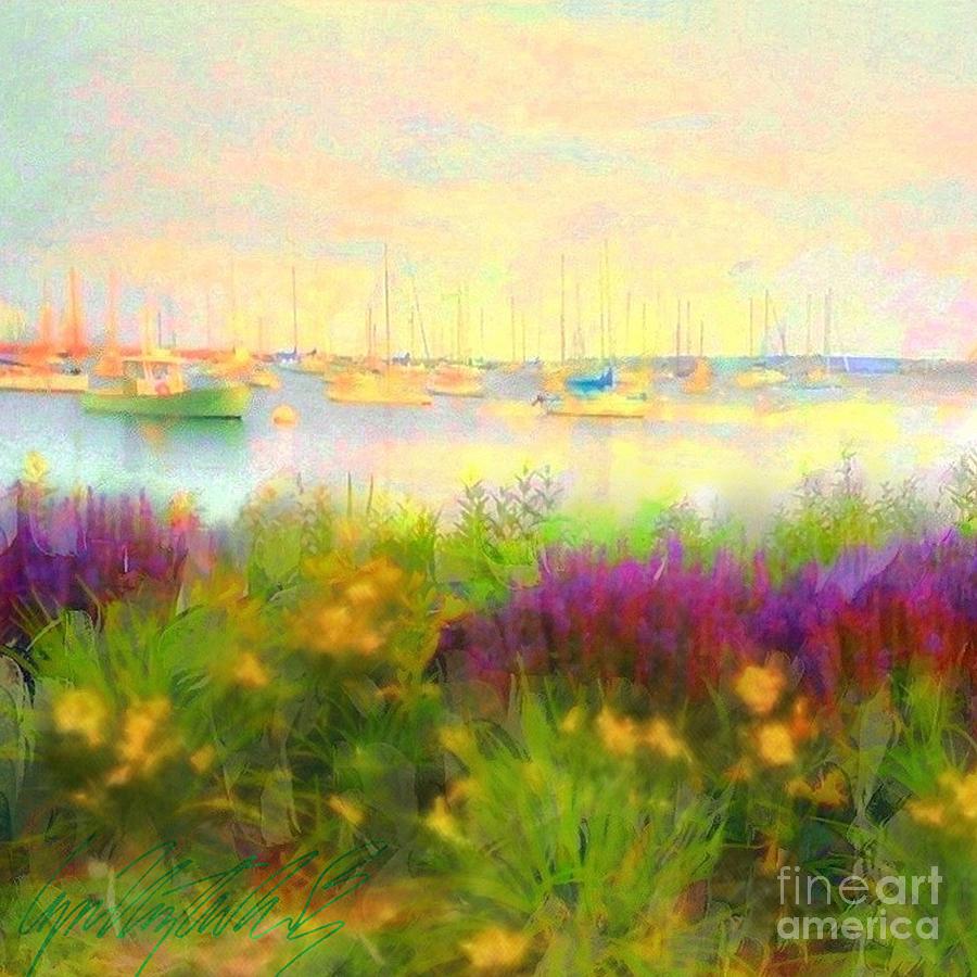 S Yellow Morning Harbor with Flowers - Square Painting by Lyn Voytershark