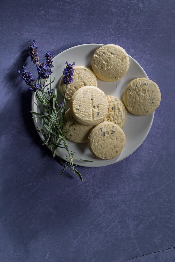 Sables With Lavender On A Plate Against A Violet Background top View Photograph by Laurange