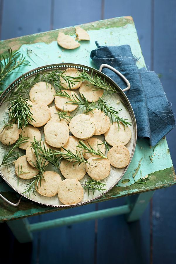 Sabls round, French Shortbread Biscuits With Rosemary Photograph by Manuela Rther