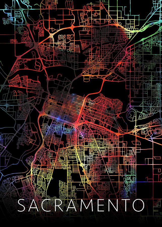 Sacramento California Watercolor City Street Map Dark Mode Mixed Media ...