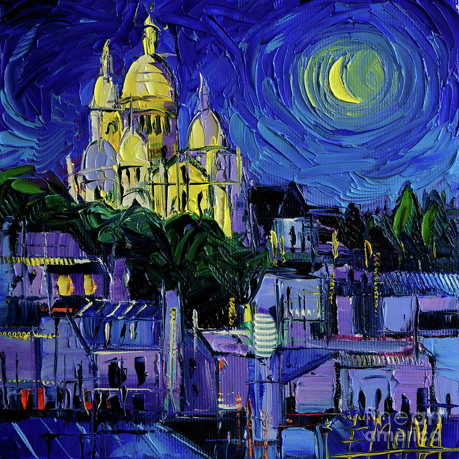 SACRE COEUR PARIS NIGHTLIGHTS Palette Knife Oil Painting Mona Edulesco Painting by Mona Edulesco