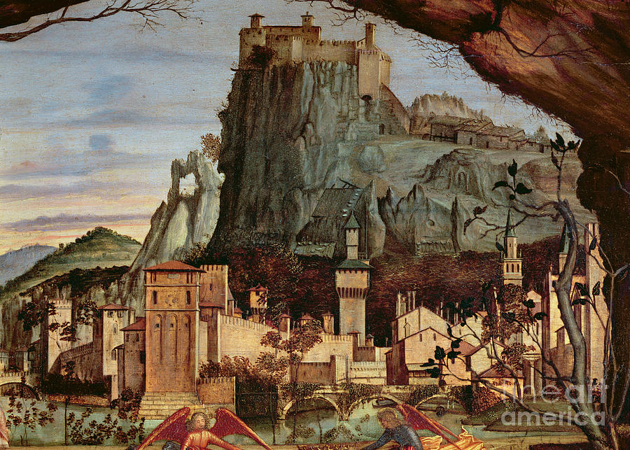 Vittore Carpaccio Painting - Sacre Conversazione, Detail Of The Town And Castle In The Background by Vittore Carpaccio