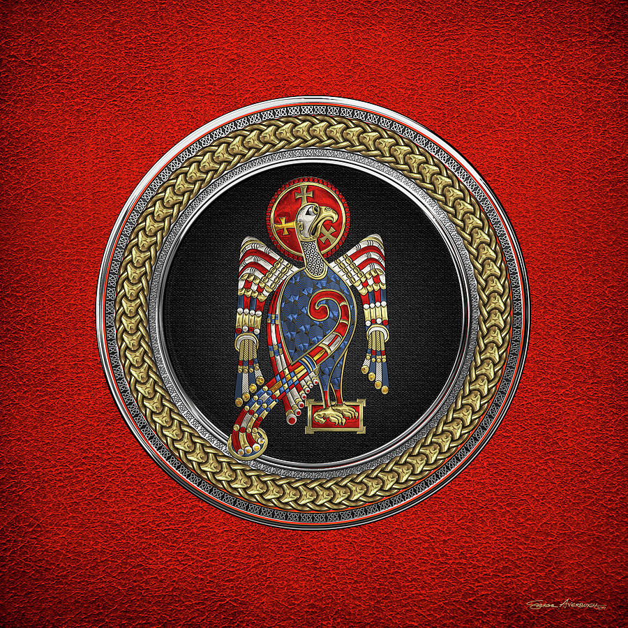 Sacred Celtic Eagle over Gold Silver and Black Medallion on Red Leather  Digital Art by Serge Averbukh