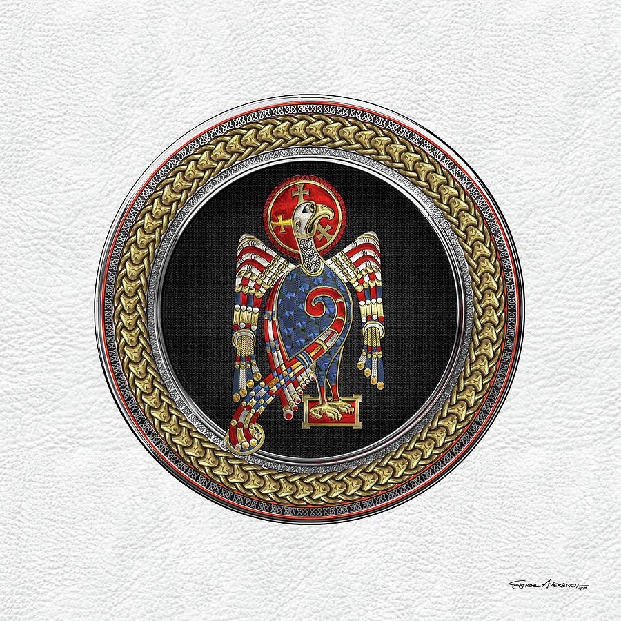 Sacred Celtic Eagle over Gold Silver and Black Medallion on White Leather Digital Art by Serge Averbukh