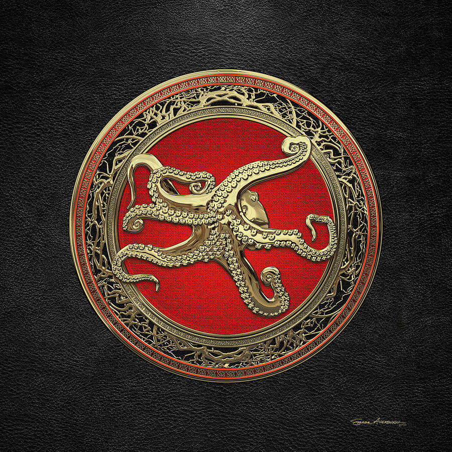 Sacred Gold Octopus on Black Leather Digital Art by Serge Averbukh