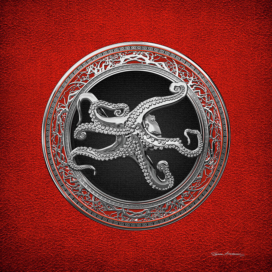 Sacred Silver Octopus on Red Leather Digital Art by Serge Averbukh