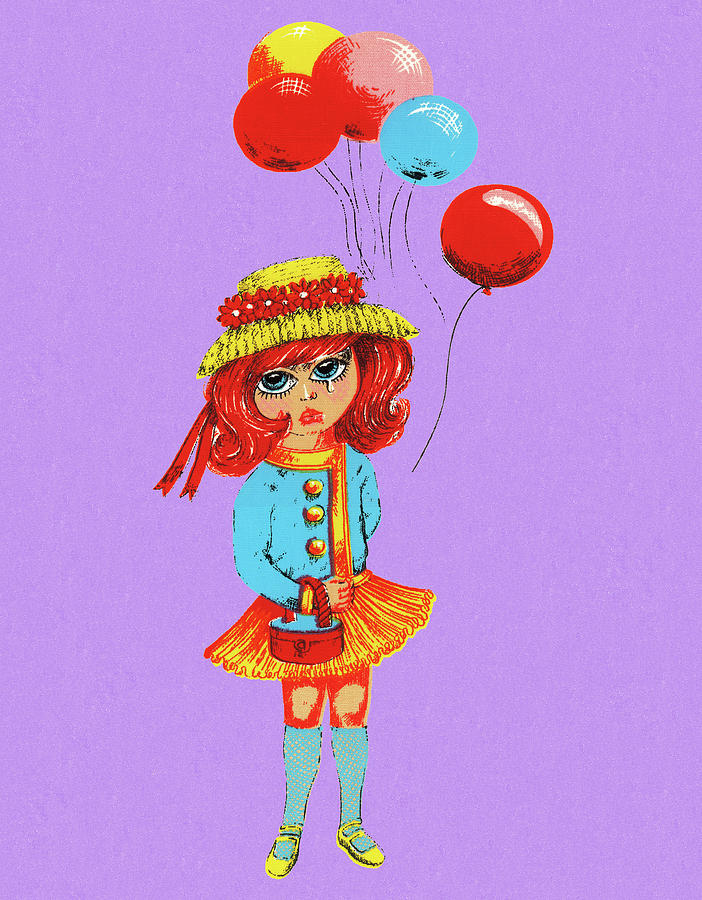 Vintage Drawing - Sad Groovy Girl With Balloons by CSA Images