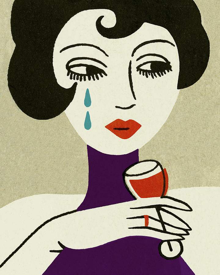 Sad Woman Drinking Wine Drawing by CSA Images - Fine Art America