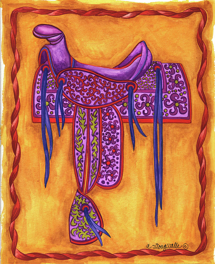 Horse Painting - Saddle Magenta Floral On Orange by Andrea Strongwater