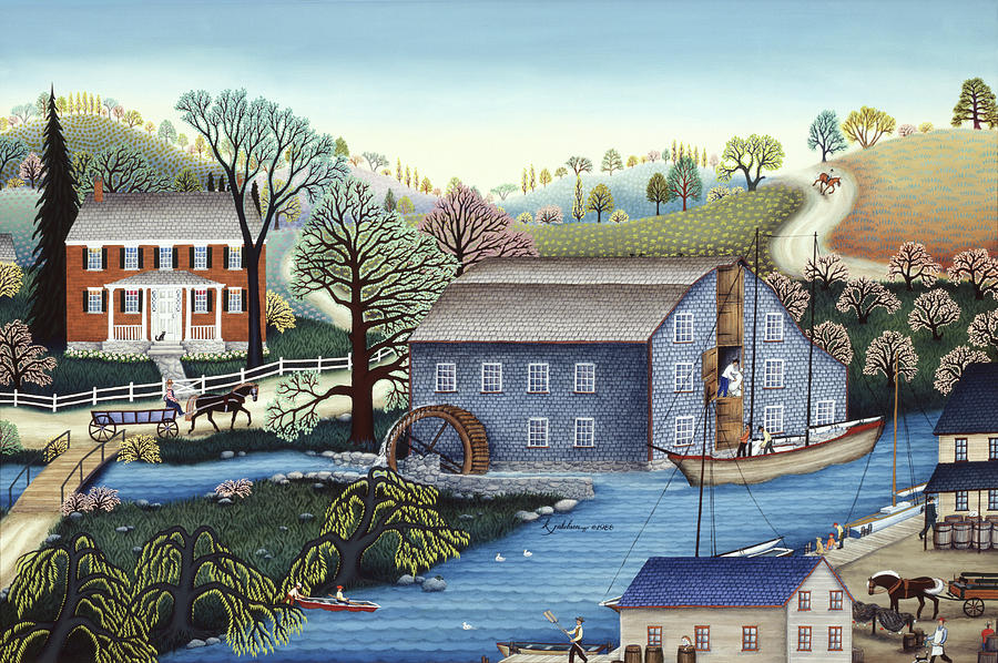 Boat Painting - Saddle Rock Grist Mill by Kathy Jakobsen