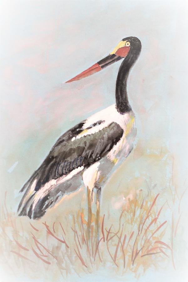 Saddled billed stork Painting by Khalid Saeed