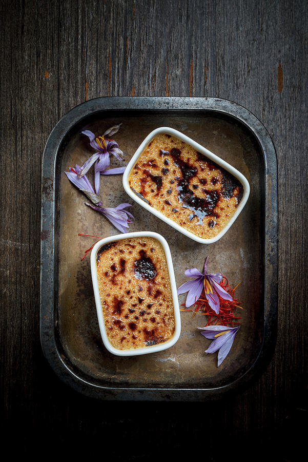 Saffron Creme Brulee On A Metal Tray Photograph by Nitin Kapoor