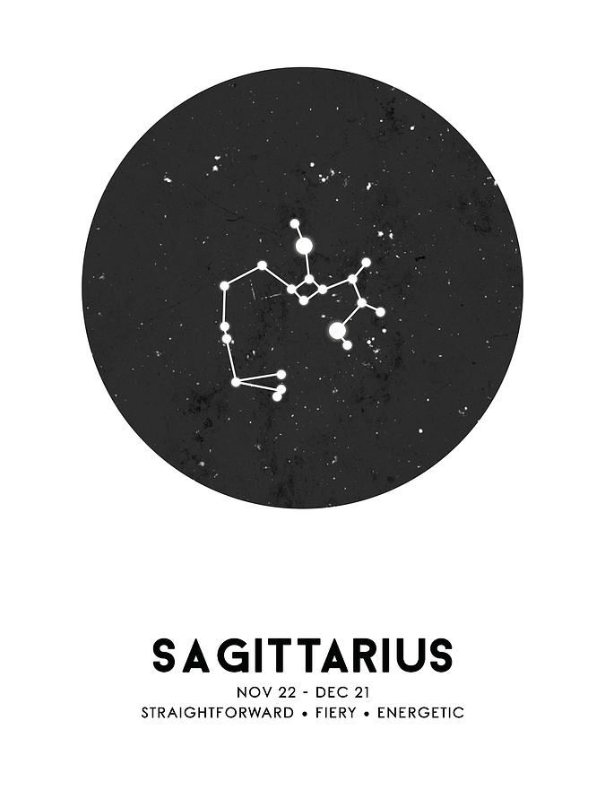 Black And White Mixed Media - Sagittarius Print - Zodiac Signs Print - Zodiac Posters - Sagittarius Poster - Night Sky - Stars by Studio Grafiikka