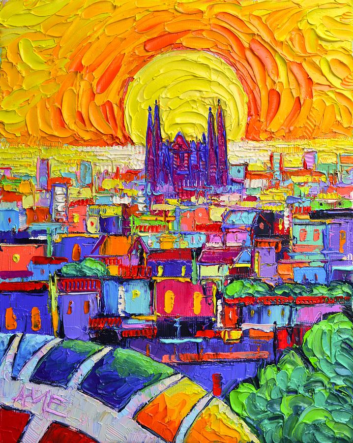 SAGRADA FAMILIA FROM PARK GUELL AT SUNRISE BARCELONA ABSTRACT CITIES impasto painting Ana Edulescu Painting by Ana Maria Edulescu