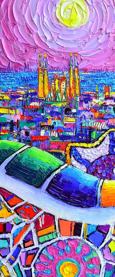 Barcelona Painting - SAGRADA FAMILIA FULL MOON VIEW FROM PARK GUELL BARCELONA textural impasto palette knife oil painting by Ana Maria Edulescu