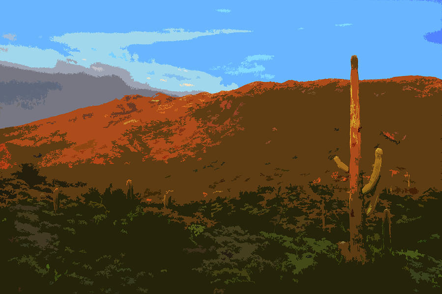 Saguaro Cactus and Rincon Mountains Posterized Digital Art by Chance Kafka