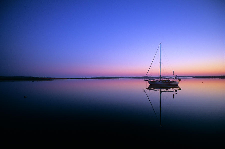 Sailboat At Dawn On Calm Water Campbell Photograph by Panoramic Images