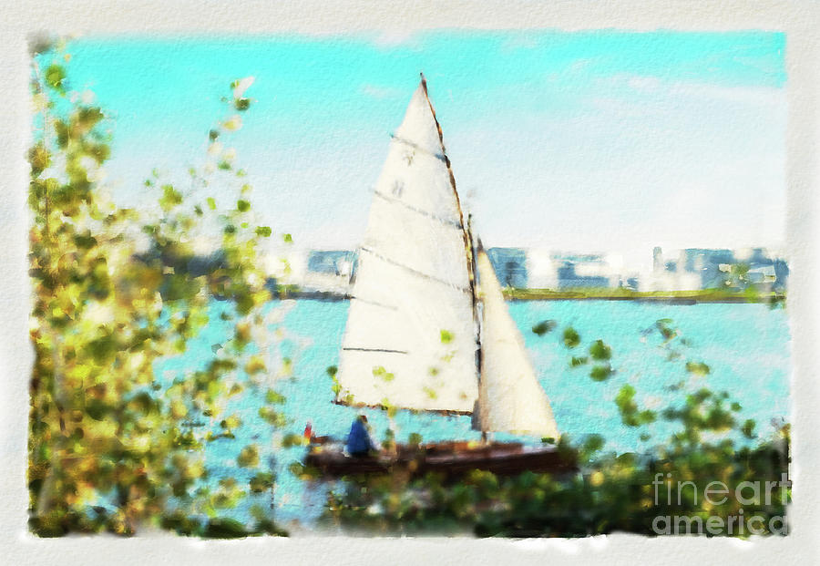 Sailboat on the river watercolor Mixed Media by Marina Usmanskaya