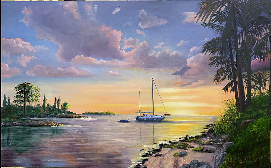 Sailboat sunset Anchor Painting by Sue Appleton Dayton