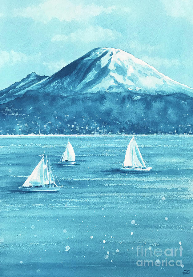 Sailboats and Mount Rainier Painting by Zaira Dzhaubaeva