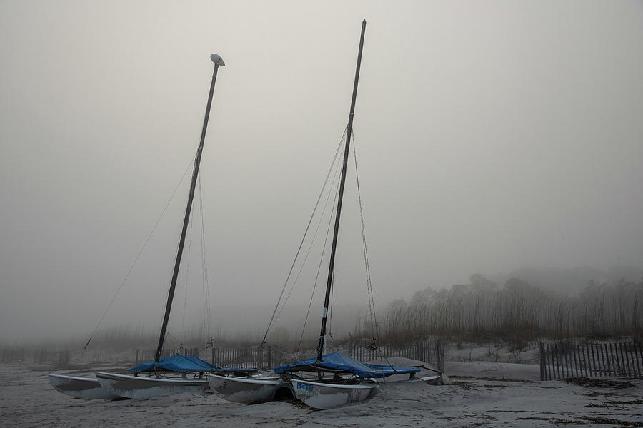 Sailboats On A Foggy Beach Photograph by Dennis Schmidt