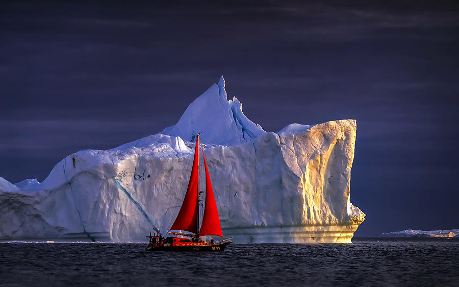 Landscape Photograph - Sailing At Midnight In Ilulissat Icefjord by Raymond Ren Rong Liu