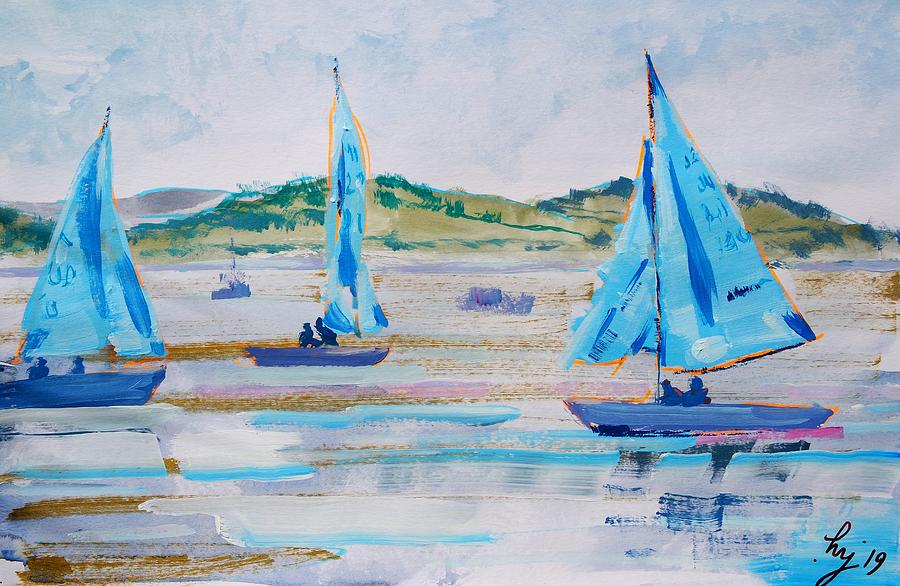 Sailing boats with blue sails on the River Exe at Exmouth Painting by Mike Jory
