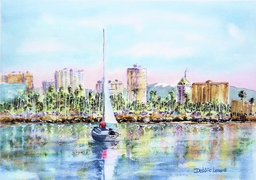 Sailing into Downtown Long Beach Painting by Debbie Lewis