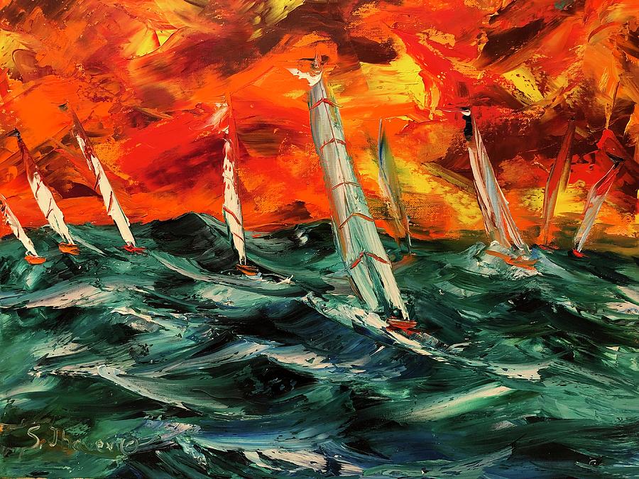 Sail Boats Painting - Sailing into Fire by Soham Jhaveri
