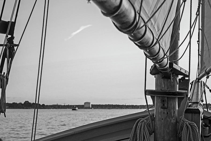 Sailing Salem Harbor at sunset Salem MA Black and White Photograph by Toby McGuire